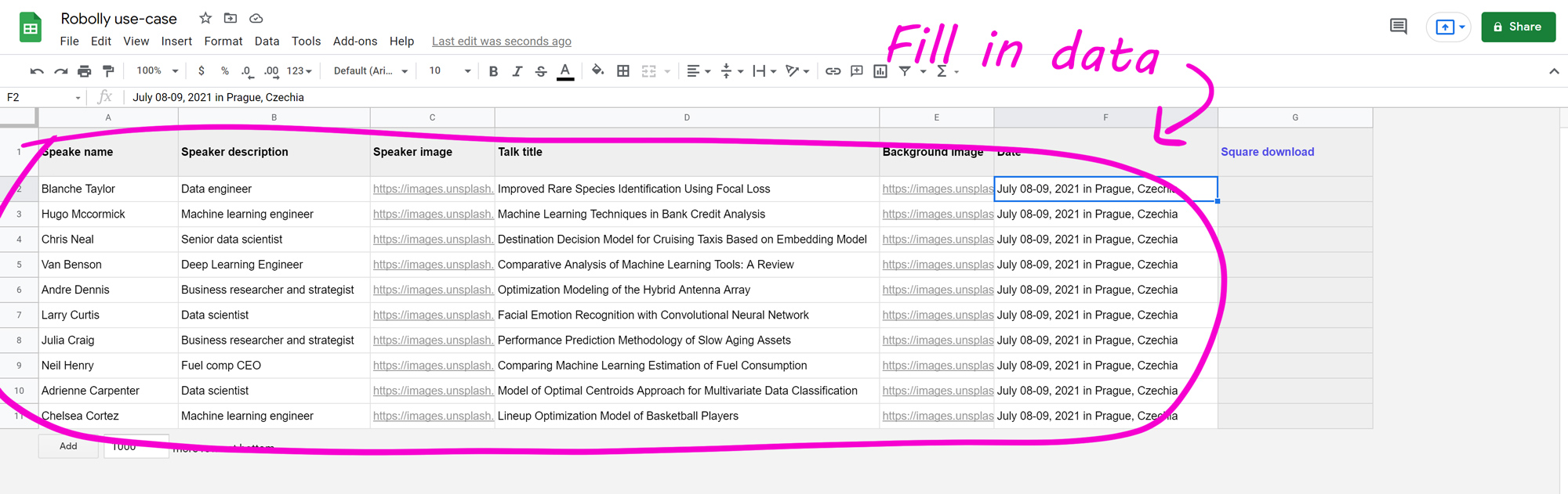 Spreadsheet filled with image data