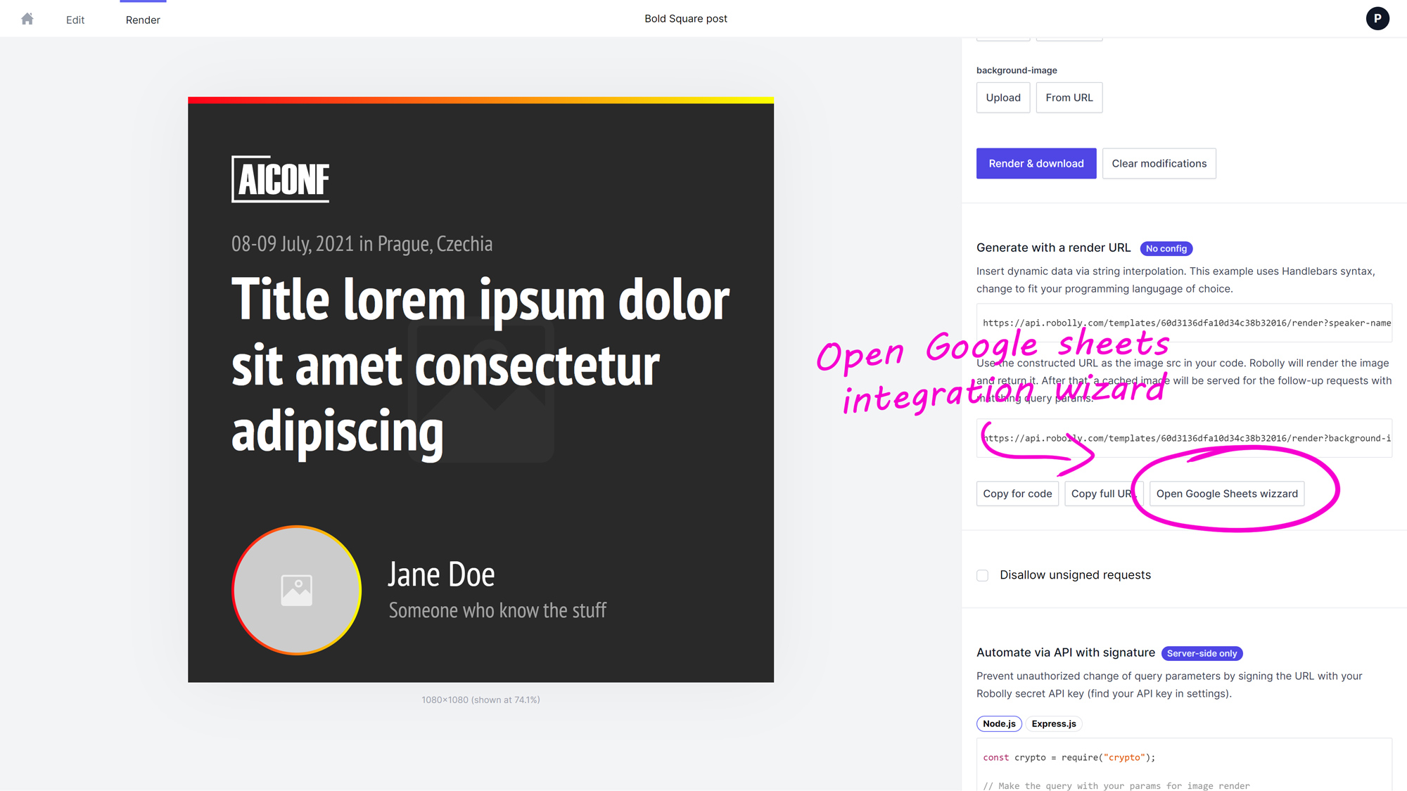 Click open Google sheets wizard