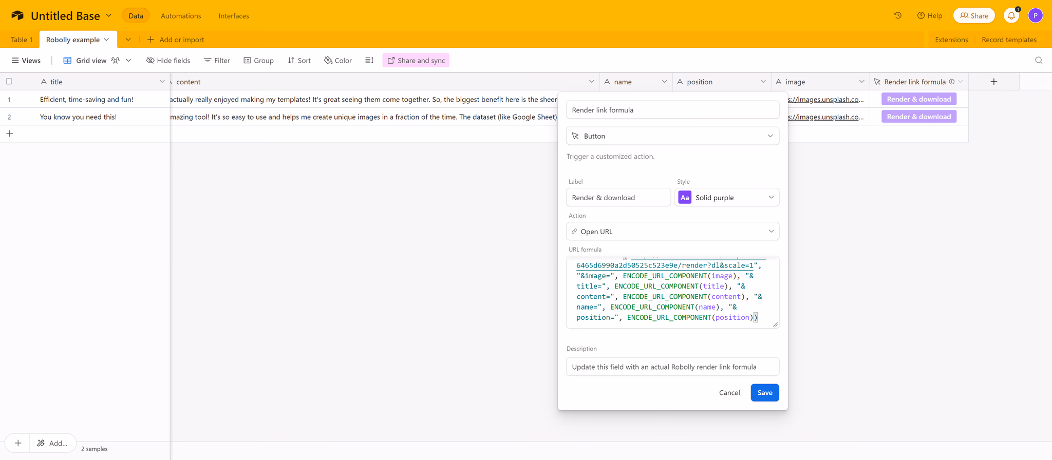Example Robolly Airtable setup screenshot