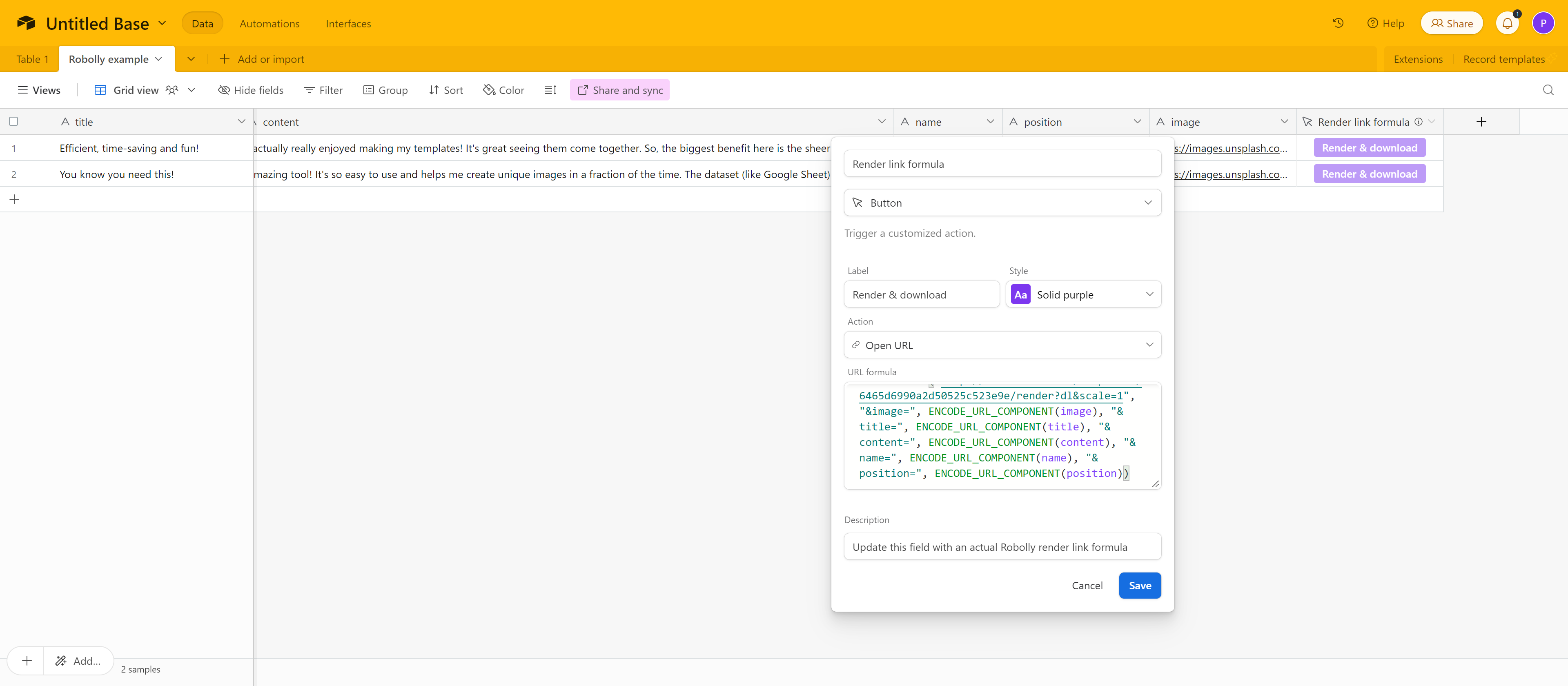 Example Robolly Airtable setup screenshot