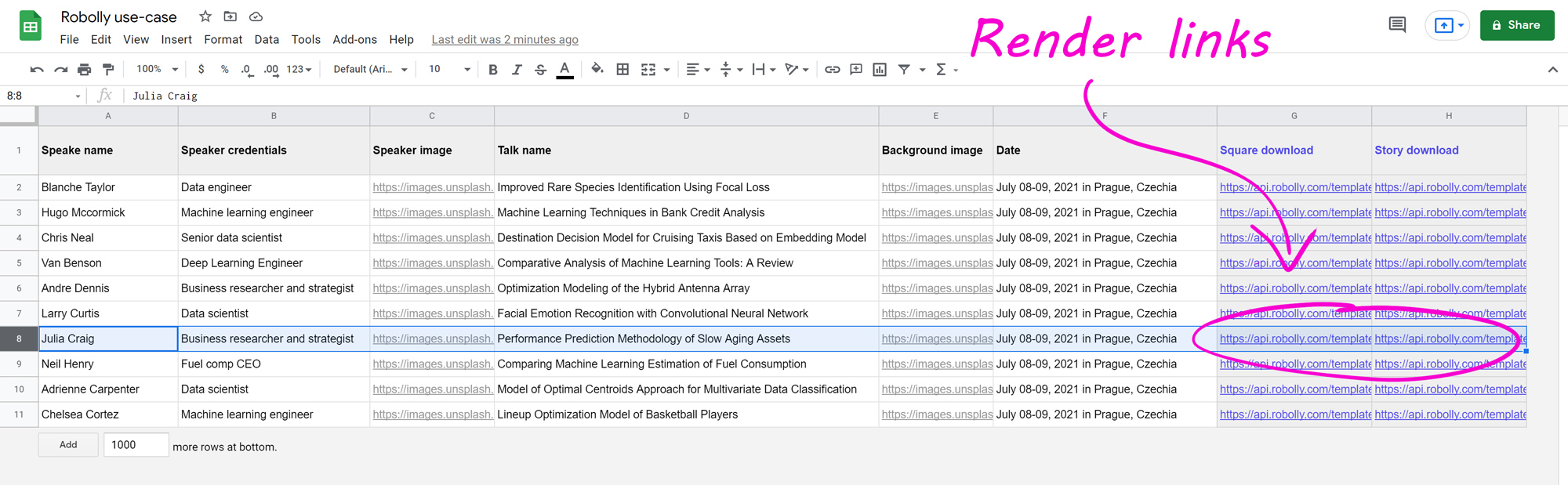 A screenshot of a spreadsheet prepared for producing marketing images in bulk