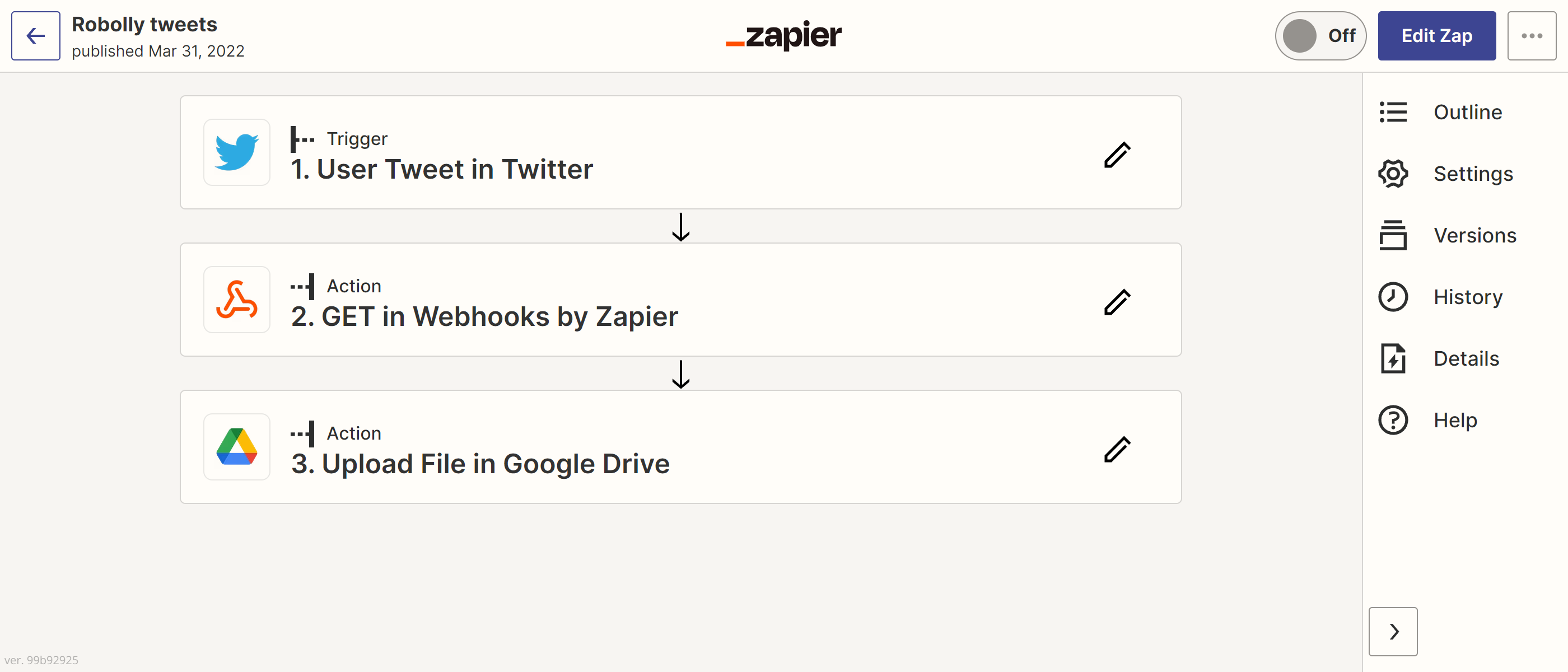Screenshot of Zapier UI for the use case turn tweets into images and upload them to Google Drive