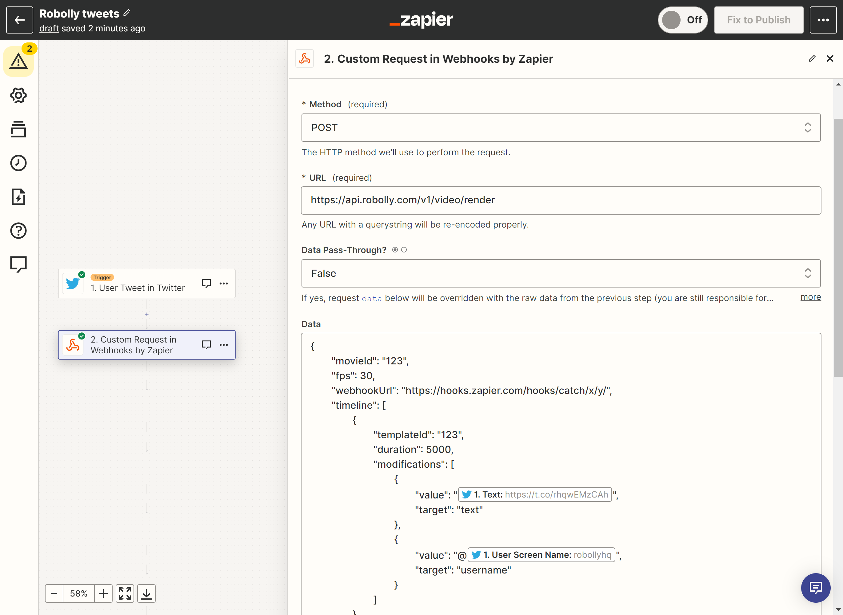 Screenshot of Zapier setup for rendering videos with Robolly